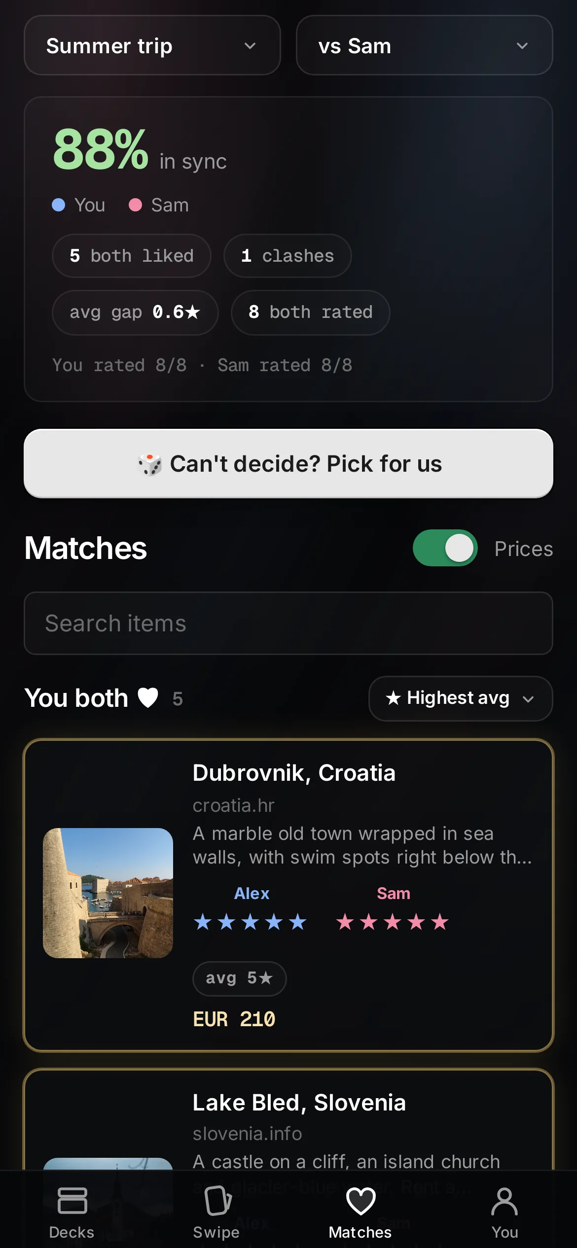 Match insights in Pick For Two
